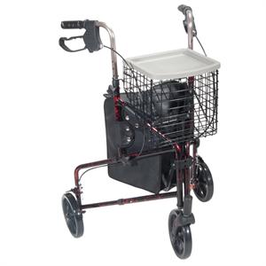 3 Wheel Rollator By Drive Medical 10289BL rated up to 300lbs, •Adjustable handle height, •Lightweight aluminum frame, •Comes standard with basket, tray and pouch, •Solid 8" wheels for indoor and outdoor use, •Easy one hand folding makes for simple storage