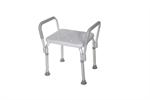 Bath Bench with Padded Arms By Drive Medical  12440-1, weigh capacity 300 lbs, provides comfort and strength, Drainage holes in bench reduce slipping, Aluminum frame is lightweight, durable and corrosion proof, Tool free assembly, adjustable legs. 