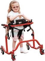 Adult Luminator Posterior Gait Trainer rated up to 400lbs, seat harness, pelvic stabilizer, positioning bar, variable resistance tabs, swivel wheel locking bracket, limited lifetime warranty.  